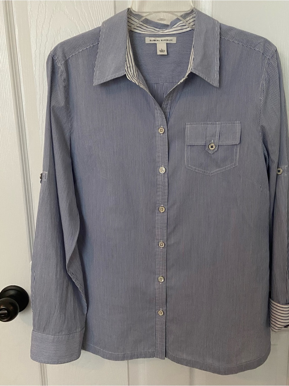 Banana Republic Blue White Pinstripe Cotton Silk Button Front Shirt Large - Picture 7 of 8